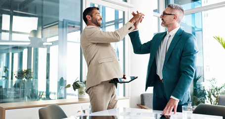 Poster - Business, people and celebration with high five in office for funding approval, investment success and good news. Financial teamwork, men and happy with budget achievement, digital review and goals