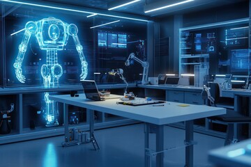 Fototapete - Holographic visuals assist in robotic joint calibration.