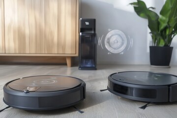 Fototapete - Holographic communication between robotic vacuums at home.