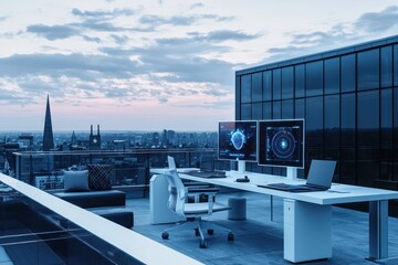 Fototapete - Holographic AI tools aid threat detection on minimalist rooftop.