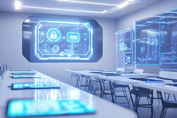 Fototapete - Minimalist coworking hub with AR holograms for authentication.
