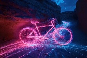 Poster - Neon Bike Trail: A striking neon illustration of a bicycle traversing a winding path.