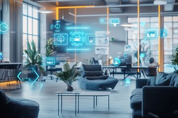 Fototapete - Coworking zone with AI-enhanced holographic IoT management