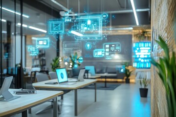 Fototapete - Coworking area visualizes AI workflows with holographic technology.