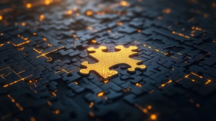 Poster - Golden Puzzle Piece: A glowing golden puzzle piece sits atop a complex, technological background, symbolizing innovation, strategy, and the interconnectedness of technology.