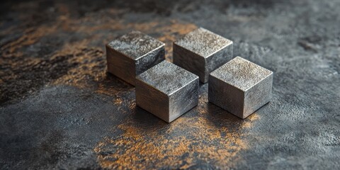 Poster - Solid Cubes: The image presents four solid cubes, set against a backdrop that exudes a rugged, metallic texture. Capturing the raw, unrefined elegance of modern industrial design.