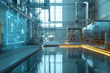 Fototapete - Industrial setting employs holographic AI for thermal hazard management.