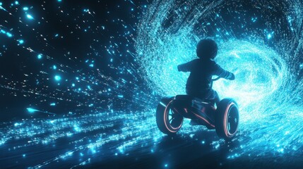 Poster - rider in the cosmos: a silhouetted figure fearlessly rides a futuristic, illuminated vehicle through