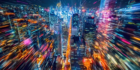 Poster - Cityscape at Night: A stunning cityscape ablaze with neon lights at night, representing the vibrant and dynamic atmosphere of a modern urban environment.
