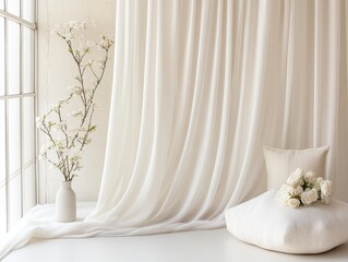 Poster - soft aesthetic interior: elegant ivory curtains frame a sunlit window, next to a vase holding flower