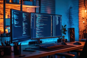 Poster - Coding Haven: An immersive view into a tech-savvy workspace, where two computer monitors display cascading lines of code, indicating the world of programming.