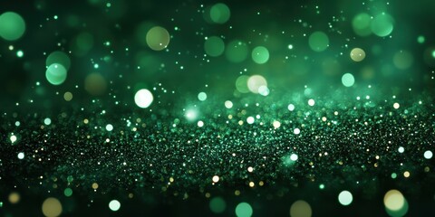 Poster - Emerald Sparkle: An enchanting backdrop of emerald green hues sprinkled with shimmering bokeh lights creating a dazzling and dreamlike atmosphere.