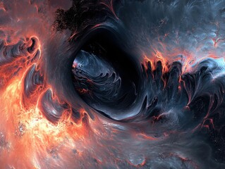 Poster - Celestial Inferno: An abstract image depicts a swirling vortex of cosmic fire and ethereal ice, capturing the raw power and unfathomable mystery of the universe.