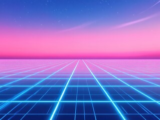 Fototapete - neon grid landscape: a futuristic grid of neon light stretches into the distance, meeting a gradient