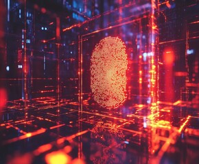 Poster - Fingerprint in Digital World: A digital fingerprint glows within a network of interconnected lines, signifying security, data protection, and technology.