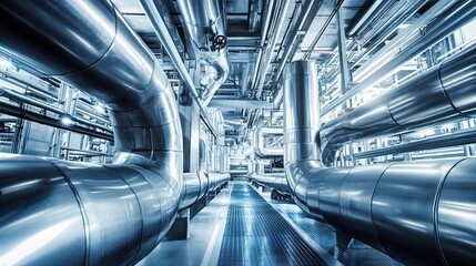 Poster - Shiny Steel Pipelines Running Through Industrial Facility Interior