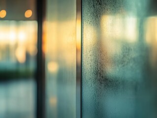 Poster - Atmospheric Reflections: A close-up view of a glass surface creates an intriguing play of light and shadow, hinting at a blurred, vibrant cityscape beyond.