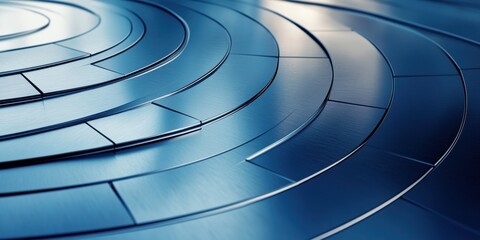 Poster - Circular steel panels: A close-up view showcases a set of reflective steel panels arranged in concentric circles. The design evokes a sense of modern geometry and industrial precision, bathed in cool.