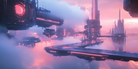 Poster - Cityscape: A futuristic cityscape bathed in a dreamy pink glow, with sleek, modern structures suspended among the clouds, invoking a sense of wonder and technological advancement.