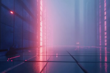 Poster - cityscape in the haze: a mesmerizing urban scene, with towering buildings shrouded in a soft, atmosp