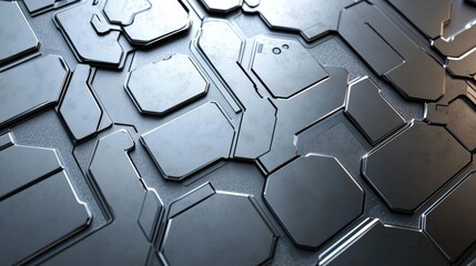Poster - Abstract Metallic Surface: A close-up perspective on a futuristic metal surface, the intricate details of geometric shapes, sharp lines, and a subtle play of light and shadow.