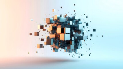 Poster - Abstract 3D Rendering of Exploding Metallic Cubes with Blue and Orange Lighting