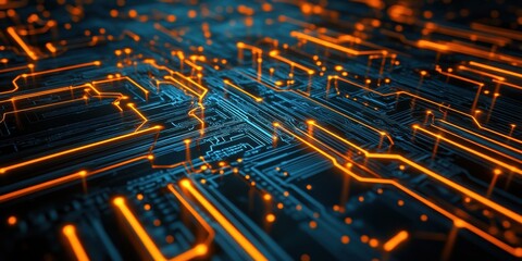 Fototapete - circuitry: a close-up view of a high-tech circuit board, illuminated with electric lights. this imag