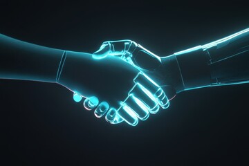 Fototapete - digital handshake: a glowing outline depicts a human hand clasping with a robotic hand, symbolizing 