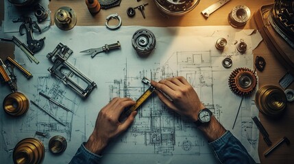 Poster - Mechanical Engineer Designing with Calipers and Technical Drawings