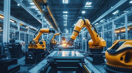 Poster - Inside View of Metal Fabrication Workshop with Robotic Arms and Equipment