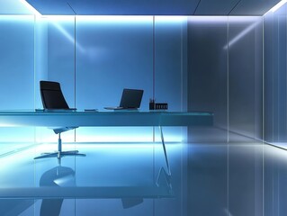 Poster - modern office space: an ultramodern office bathed in cool blue hues, featuring sleek glass surfaces,