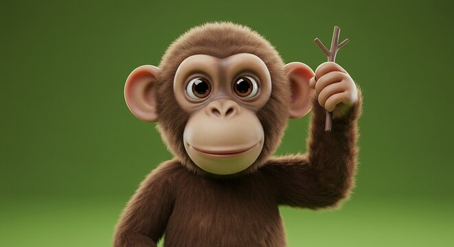 Cartoon Monkey Holding Branch Smiling on Green Background in 3D Render