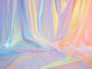 Poster - holographic fabric: a close-up shot of a flowing, iridescent fabric with a soft, pastel color palett