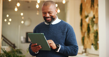 Poster - Tablet, communication and businessman in hotel for online email with corporate conference with travel. Reading, technology and African finance CEO in accommodation for work trip at financial seminar.
