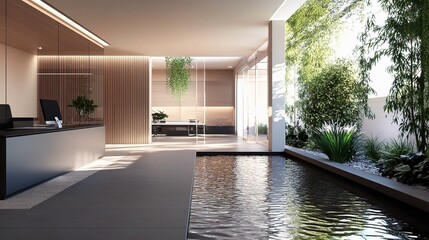 Poster - Elegant Modern Office Space with Open Wall and Natural Elements