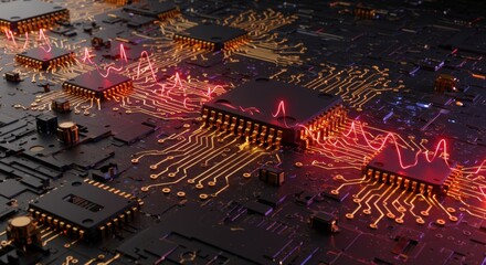 Poster - Abstract Circuit Board Microchip Technology:  Digital Data Streams and Network Connections