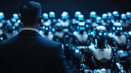 Poster - Robots and Man: A man in suit stands before an army of robots. a moment of tension, power, and technological dominance.