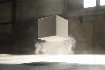 Poster - mysterious levitation: a minimalist, enigmatic scene of a gray cube hovering, defying gravity above 