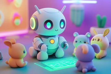 A cute robot interacts with adorable cartoon animals, displaying data on a futuristic screen.