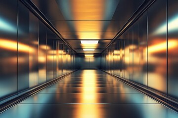 Poster - metallic corridor: a futuristic corridor with mirrored walls and a reflective floor, bathed in a war