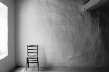 Poster - solitary chair in light: a minimalist scene features a simple wooden chair bathed in natural light s