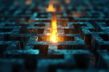 Poster - Path to Illumination: A captivating view of a complex maze with a vibrant, glowing path that leads directly to the core, symbolizing a journey towards finding solutions, guidance, and breakthroughs.