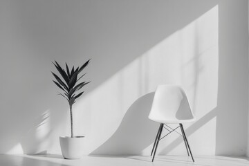 Poster - Minimalist Serenity: An indoor scene bathed in natural light features a potted plant and a modern chair, casting dynamic shadows on the walls, exuding an aura of calm and sophisticated simplicity.