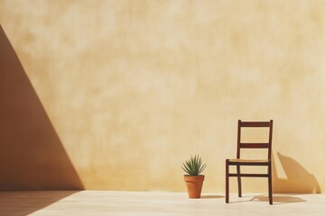 Poster - simple serenity: a single chair and potted plant stand gracefully against a textured wall, bathed in