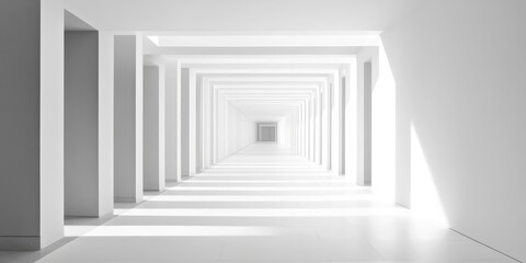 Poster - geometric perspective: an eye-level view of a long, symmetrical hallway with a minimalist design. cl