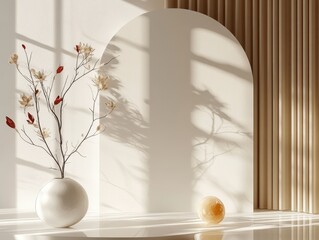 Poster - minimalist decor: a serene composition featuring an arched backdrop, a sleek vase with a delicate br
