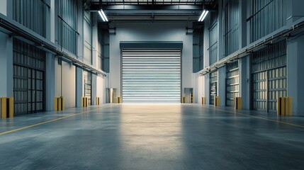 Poster - Modern Factory Interior with Roller Shutter and Clear Floor Space
