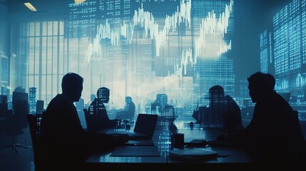 Poster - Silhouettes of Workers in Office with Holographic Data Visualizations