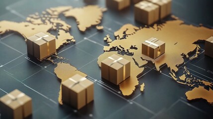 Poster - Global Shipping Network Concept in 3D with Golden Packages on Map