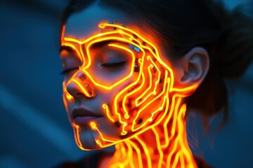 Poster - Digital Awakening: A captivating portrait of a woman whose face is adorned with glowing, intricate circuit patterns, symbolizing the fusion of humanity and technology.